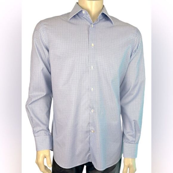 Ike Behar L/S Casual Dress Shirt Excellent Condition White W/Blue Grid Size 16 - Picture 1 of 8